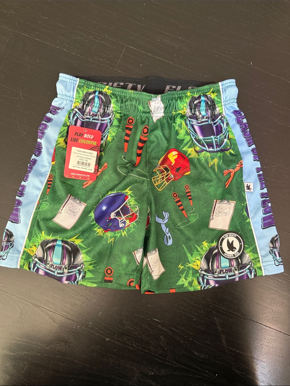 NWT Flow Society Kids Green Football Print Shorts with Light Blue Sides size YXL